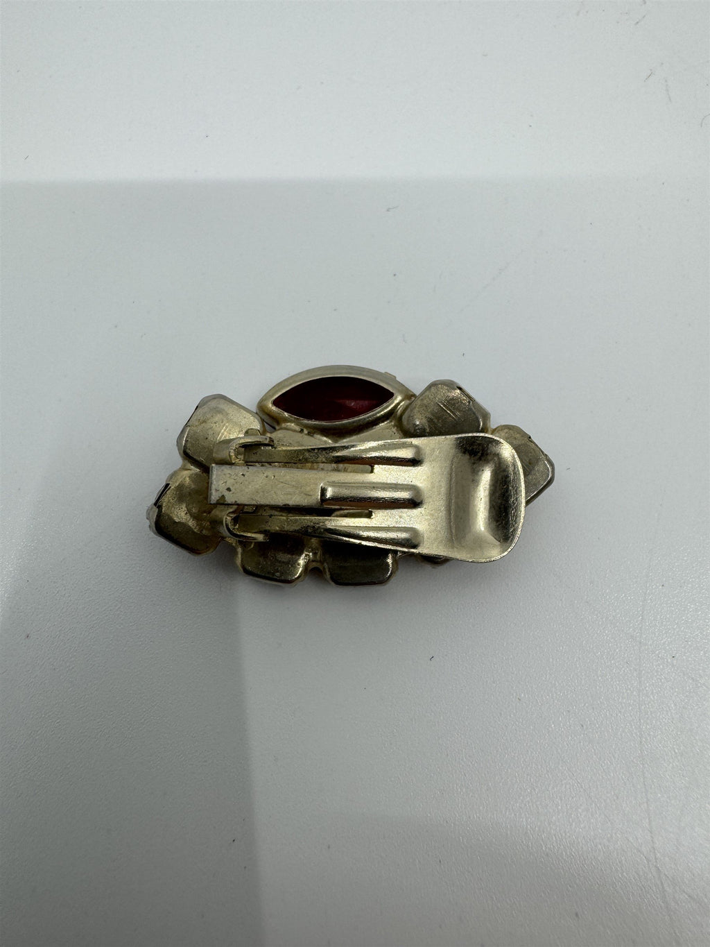 Vintage Red and Iridescent Rhinestone Accented Clip On Brooch