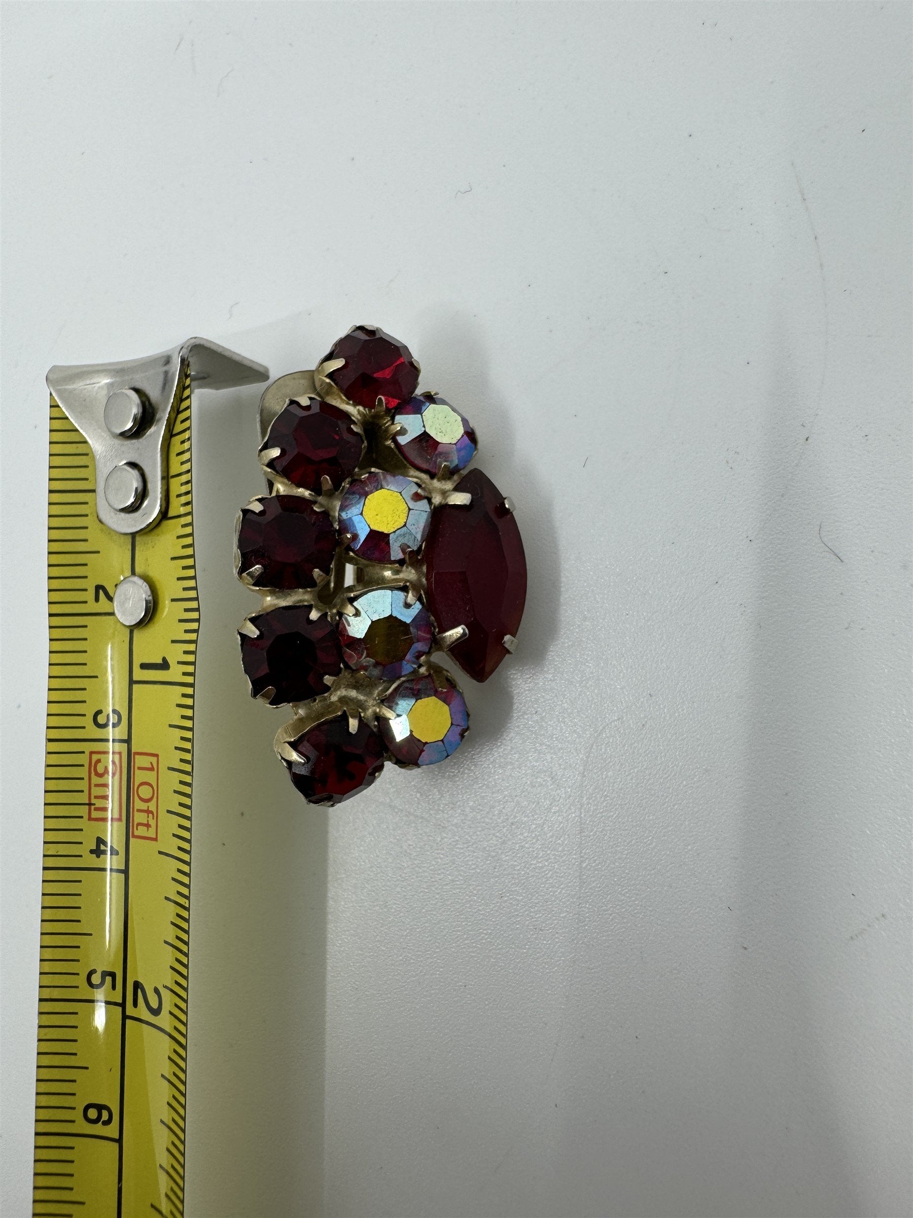 Vintage Red and Iridescent Rhinestone Accented Clip On Brooch