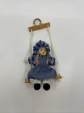 Vintage Porcelain and Cloth Swinging Hanging Doll Girl on Swing Plaid