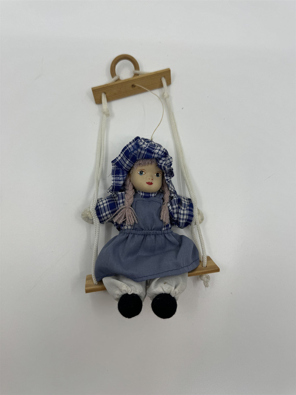 Vintage Porcelain and Cloth Swinging Hanging Doll Girl on Swing Plaid