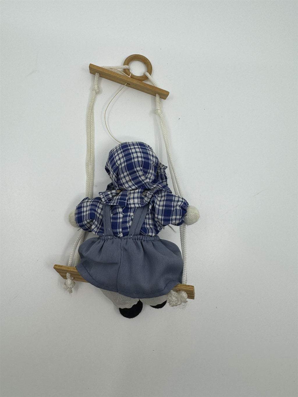 Vintage Porcelain and Cloth Swinging Hanging Doll Girl on Swing Plaid