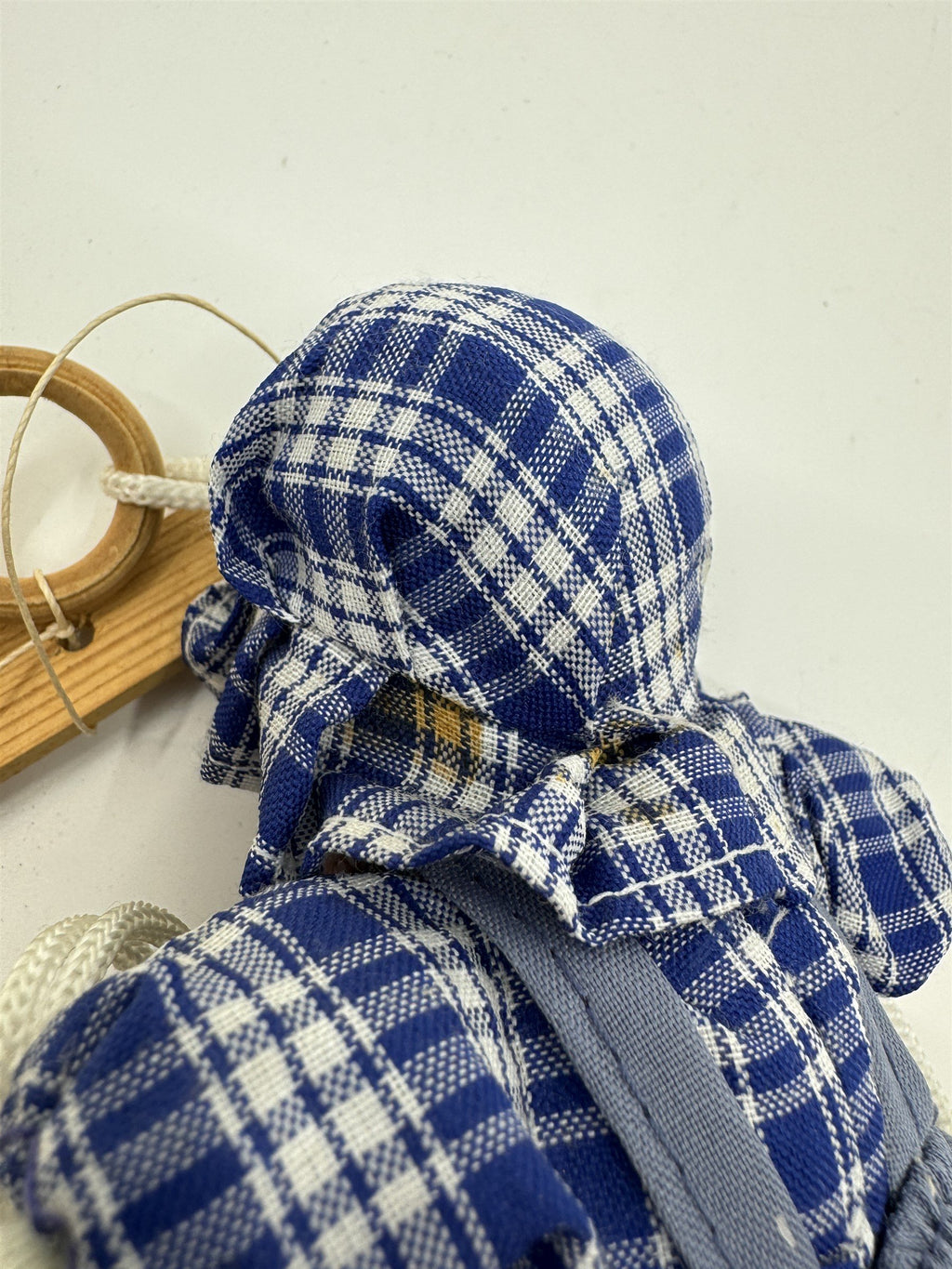Vintage Porcelain and Cloth Swinging Hanging Doll Girl on Swing Plaid