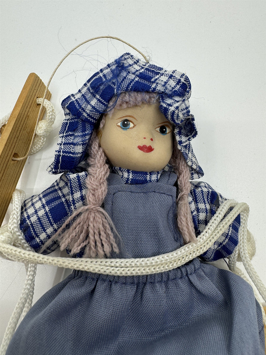 Vintage Porcelain and Cloth Swinging Hanging Doll Girl on Swing Plaid