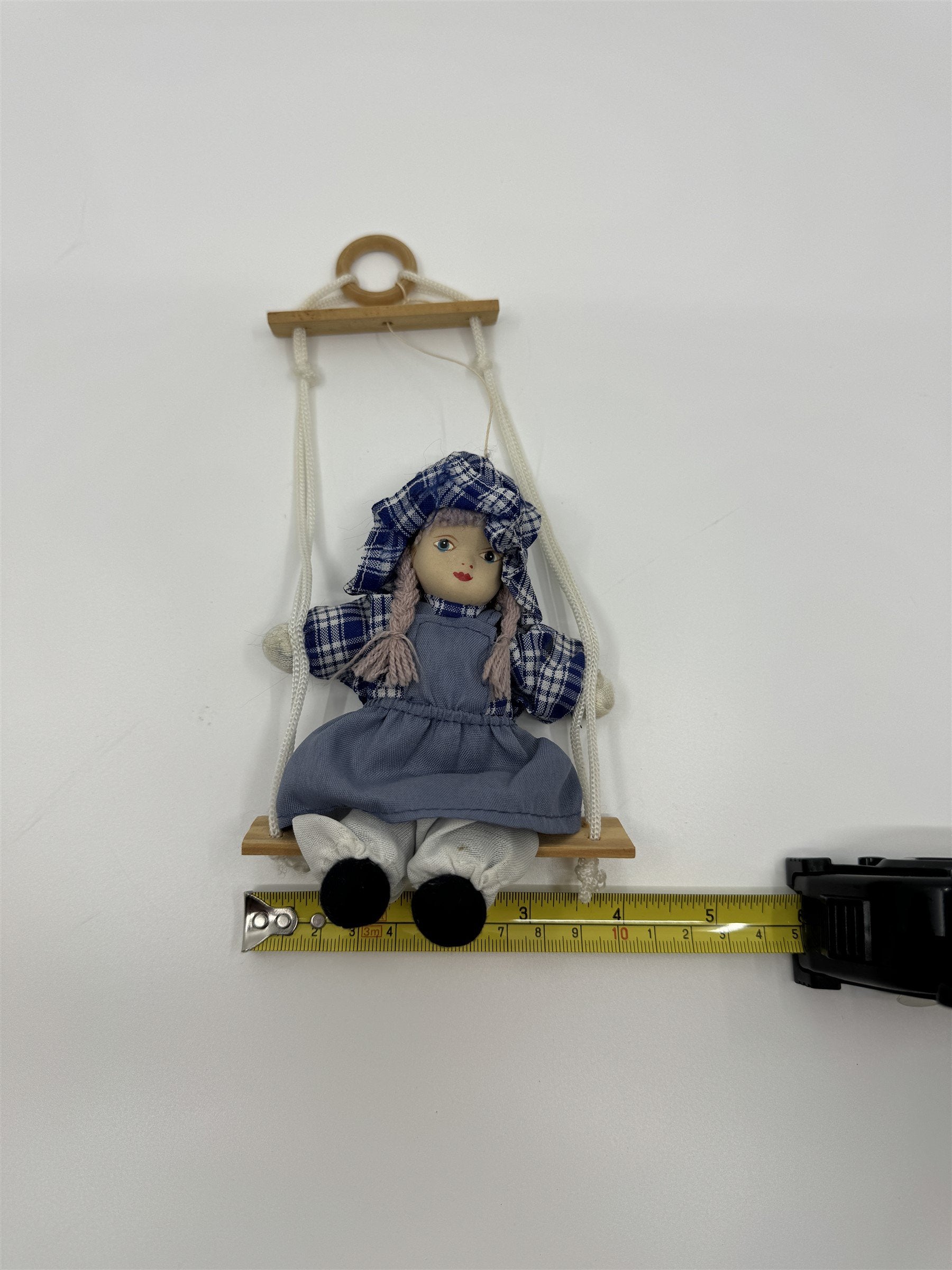 Vintage Porcelain and Cloth Swinging Hanging Doll Girl on Swing Plaid