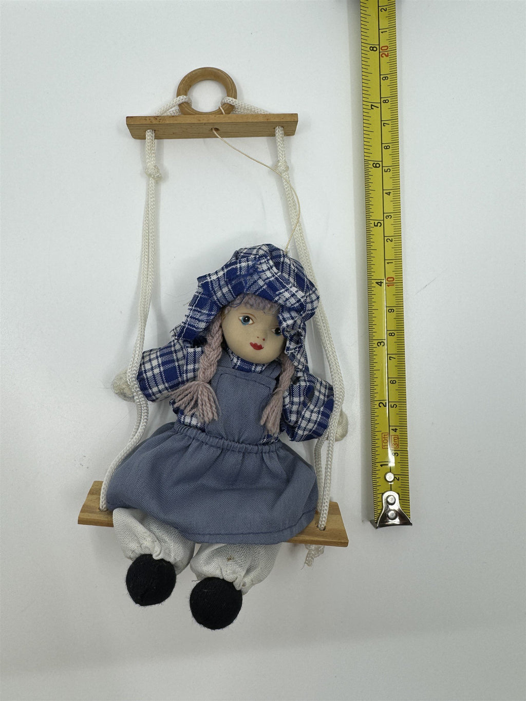 Vintage Porcelain and Cloth Swinging Hanging Doll Girl on Swing Plaid