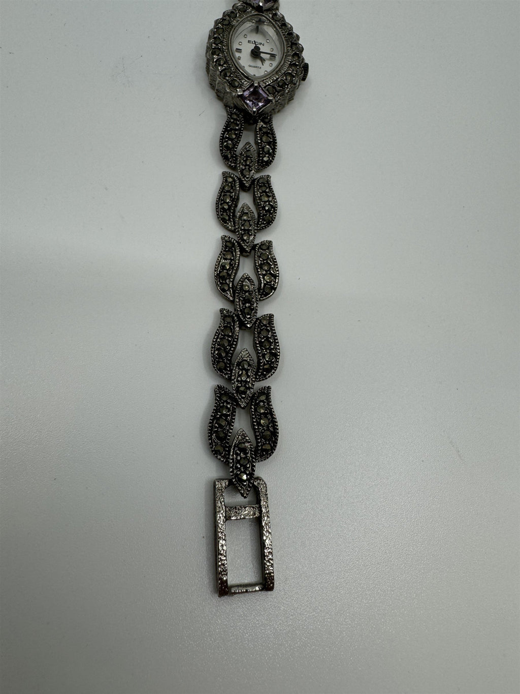 Vtg Elgin Womens Quartz Stainless Marcasite Amethyst Watch ER130-017