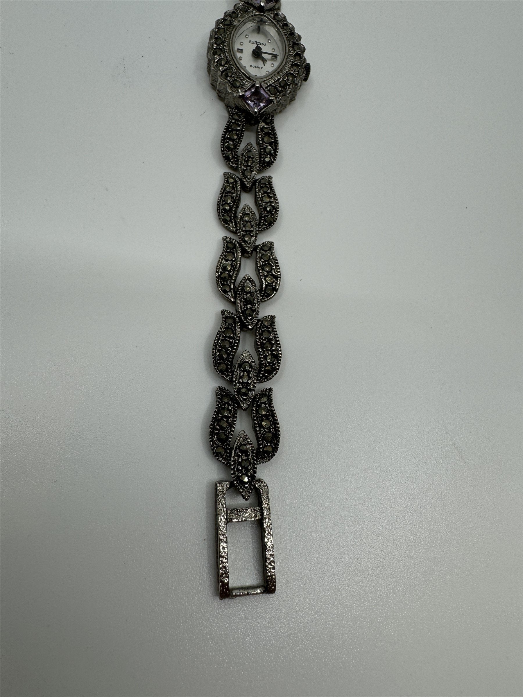 Vtg Elgin Womens Quartz Stainless Marcasite Amethyst Watch ER130-017