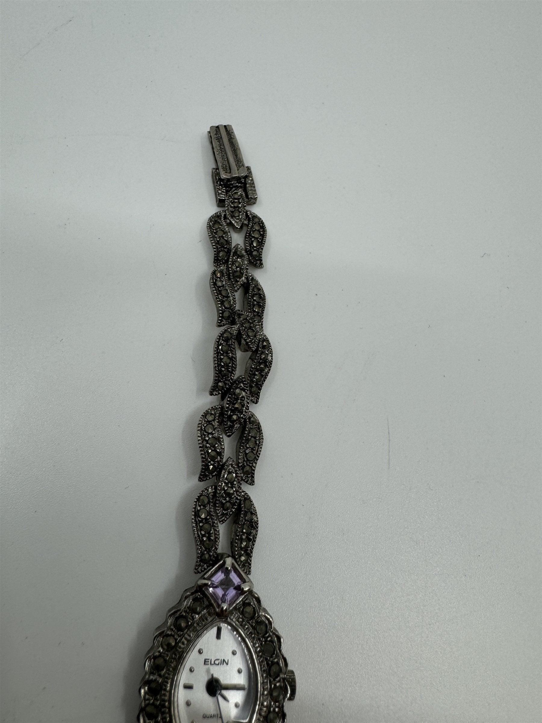 Vtg Elgin Womens Quartz Stainless Marcasite Amethyst Watch ER130-017