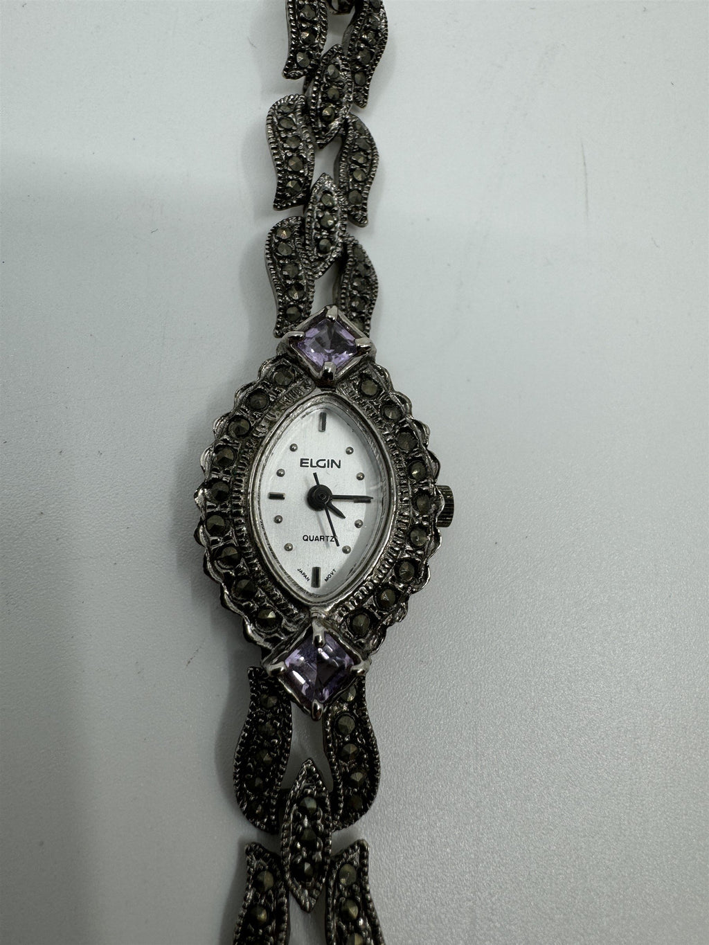 Vtg Elgin Womens Quartz Stainless Marcasite Amethyst Watch ER130-017