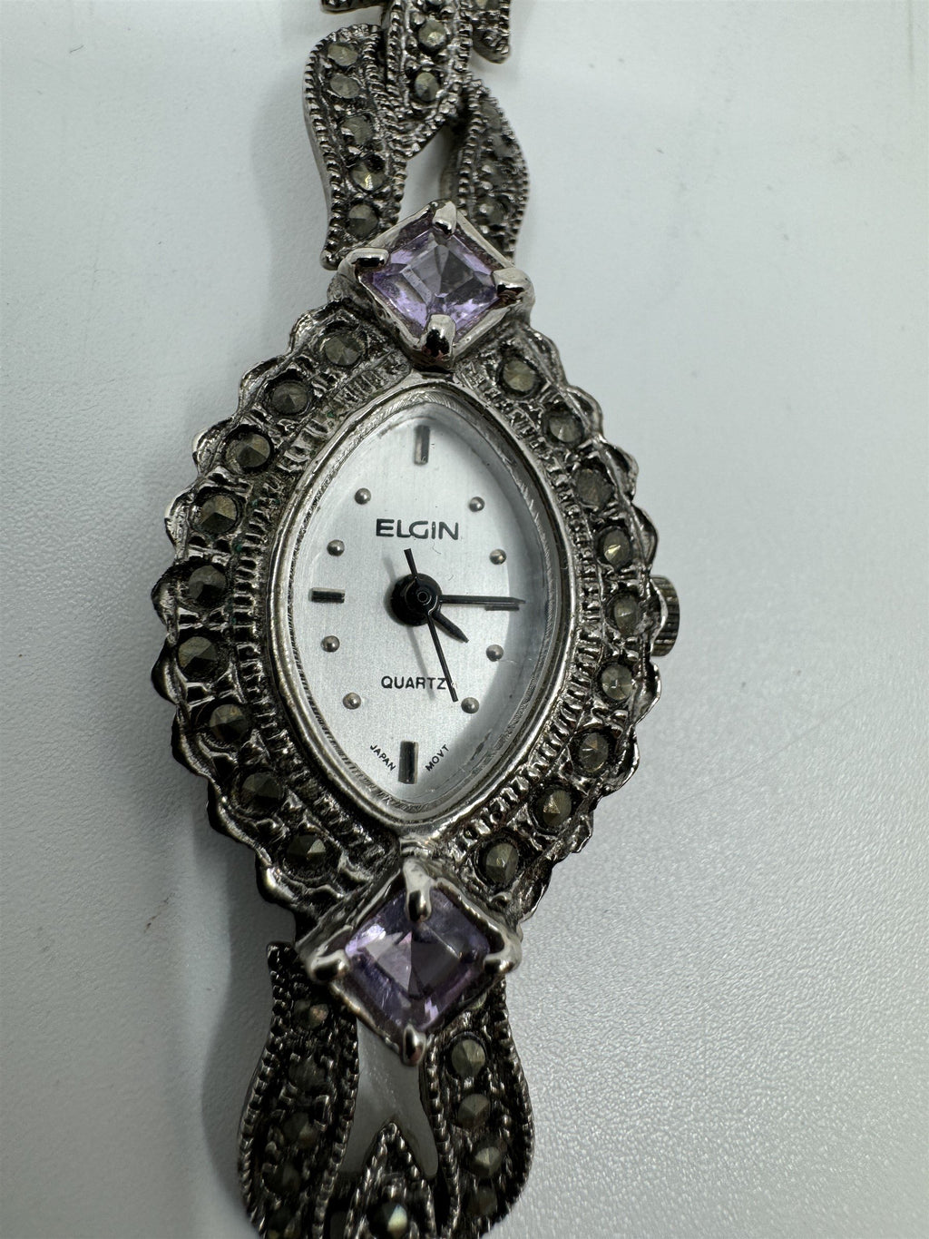Vtg Elgin Womens Quartz Stainless Marcasite Amethyst Watch ER130-017