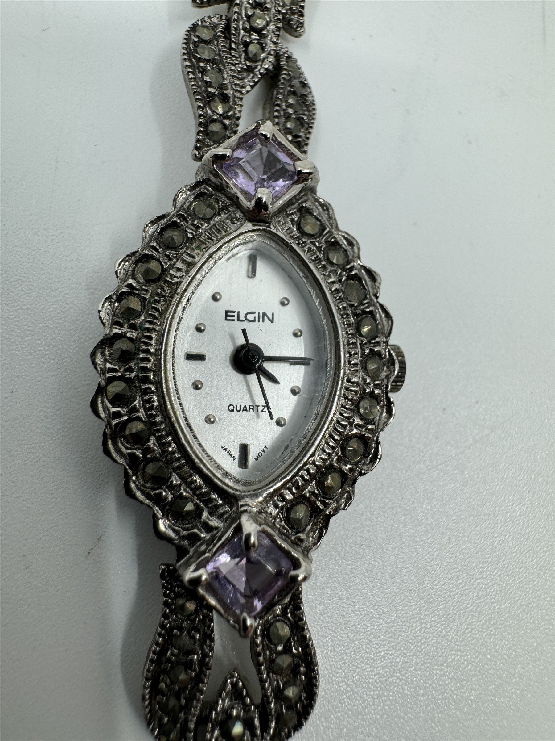 Vtg Elgin Womens Quartz Stainless Marcasite Amethyst Watch ER130-017