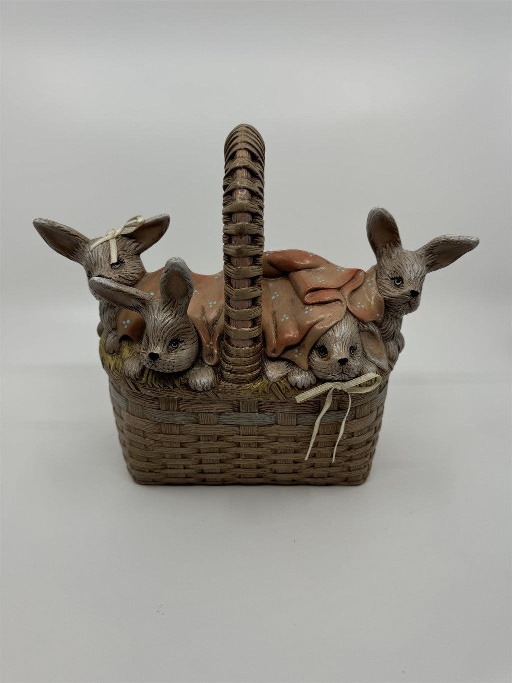 Vintage Ceramic Easter Bunny Weaved Basket Covered Candy Dish /w 5 Babu Bunnies