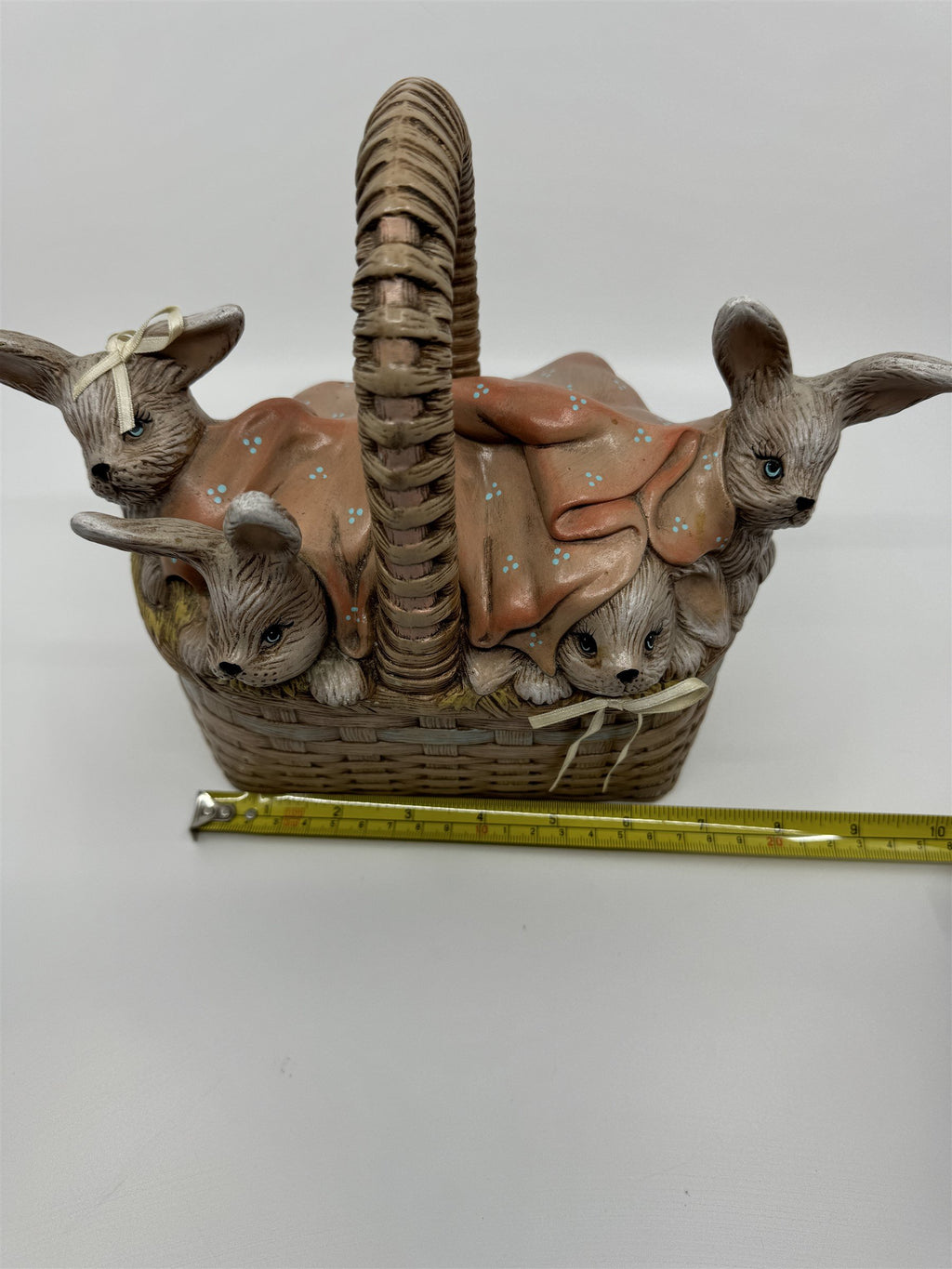 Vintage Ceramic Easter Bunny Weaved Basket Covered Candy Dish /w 5 Babu Bunnies