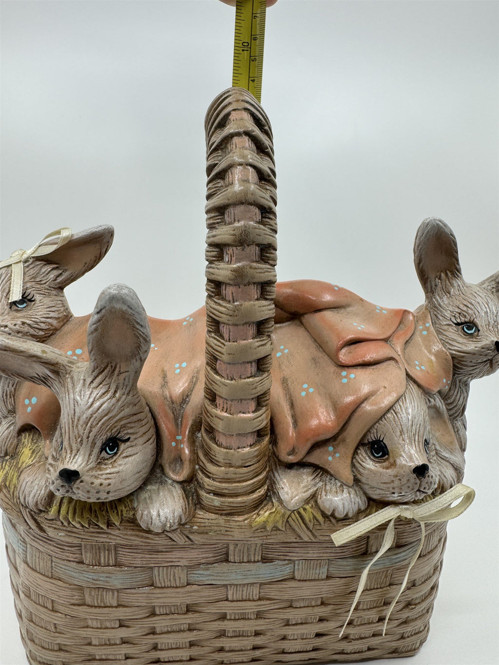 Vintage Ceramic Easter Bunny Weaved Basket Covered Candy Dish /w 5 Babu Bunnies