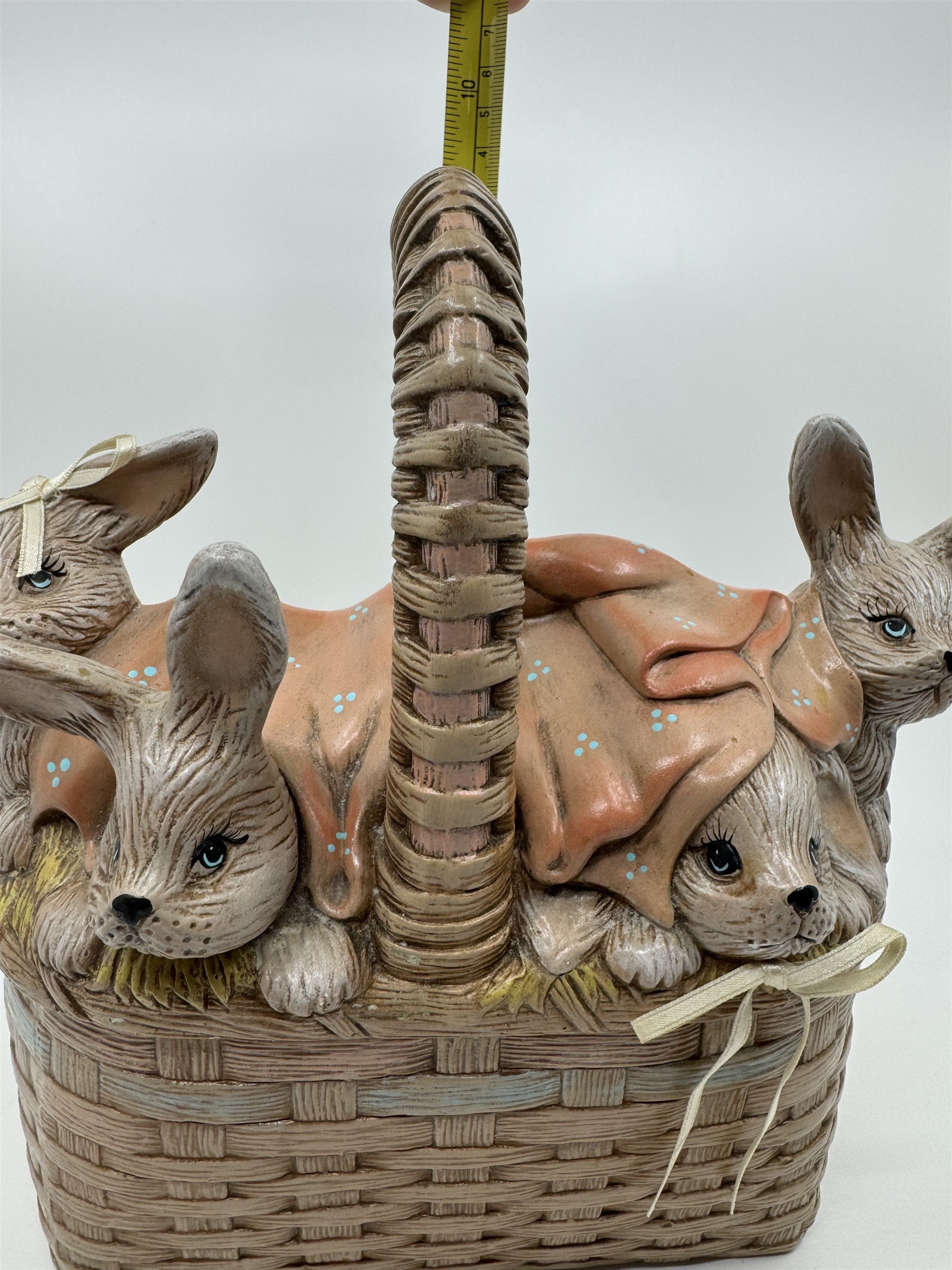 Vintage Ceramic Easter Bunny Weaved Basket Covered Candy Dish /w 5 Babu Bunnies