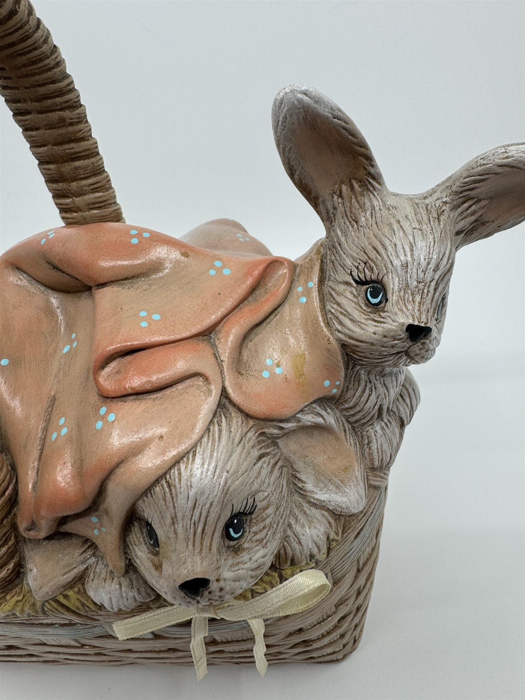 Vintage Ceramic Easter Bunny Weaved Basket Covered Candy Dish /w 5 Babu Bunnies