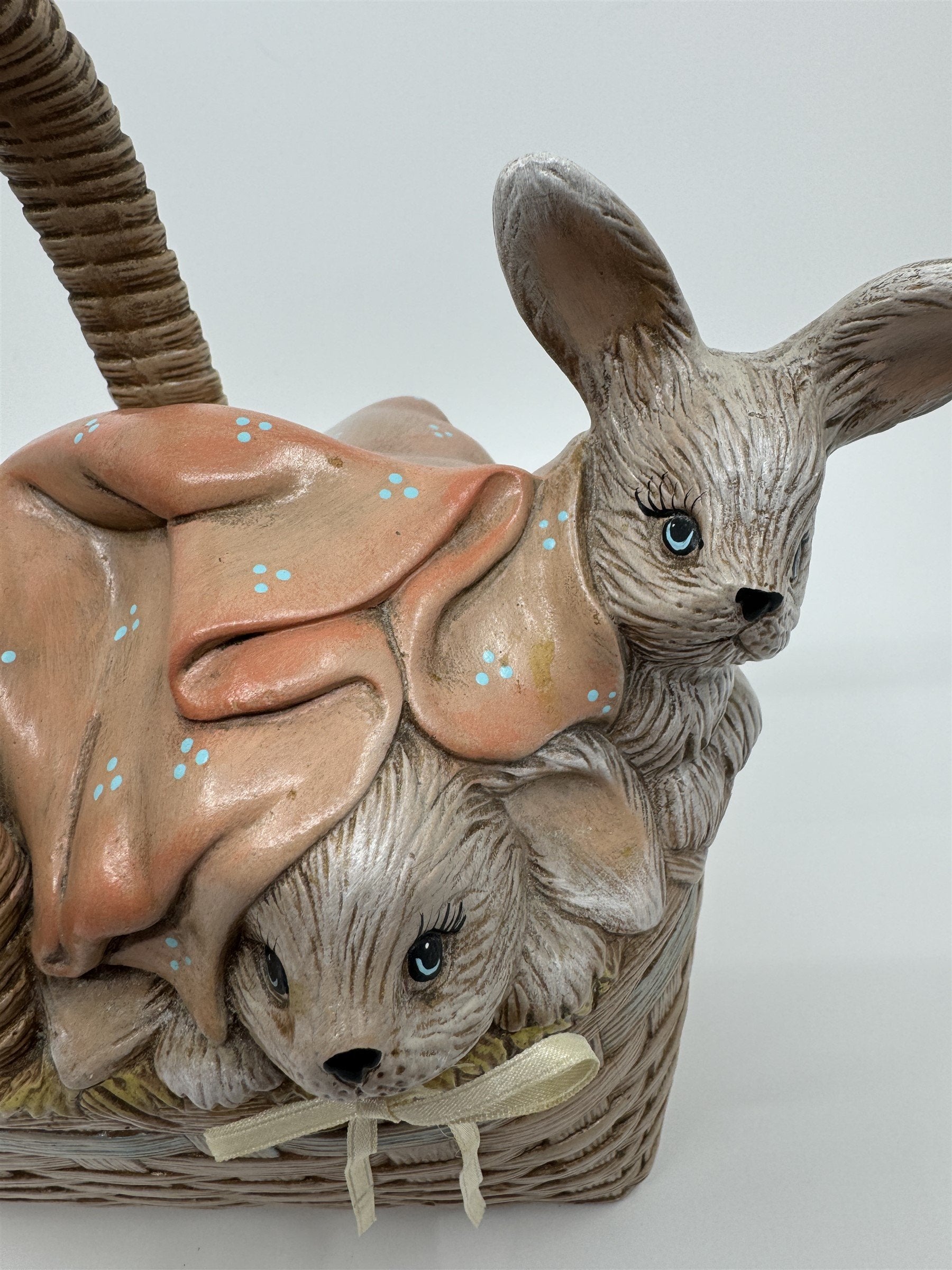 Vintage Ceramic Easter Bunny Weaved Basket Covered Candy Dish /w 5 Babu Bunnies