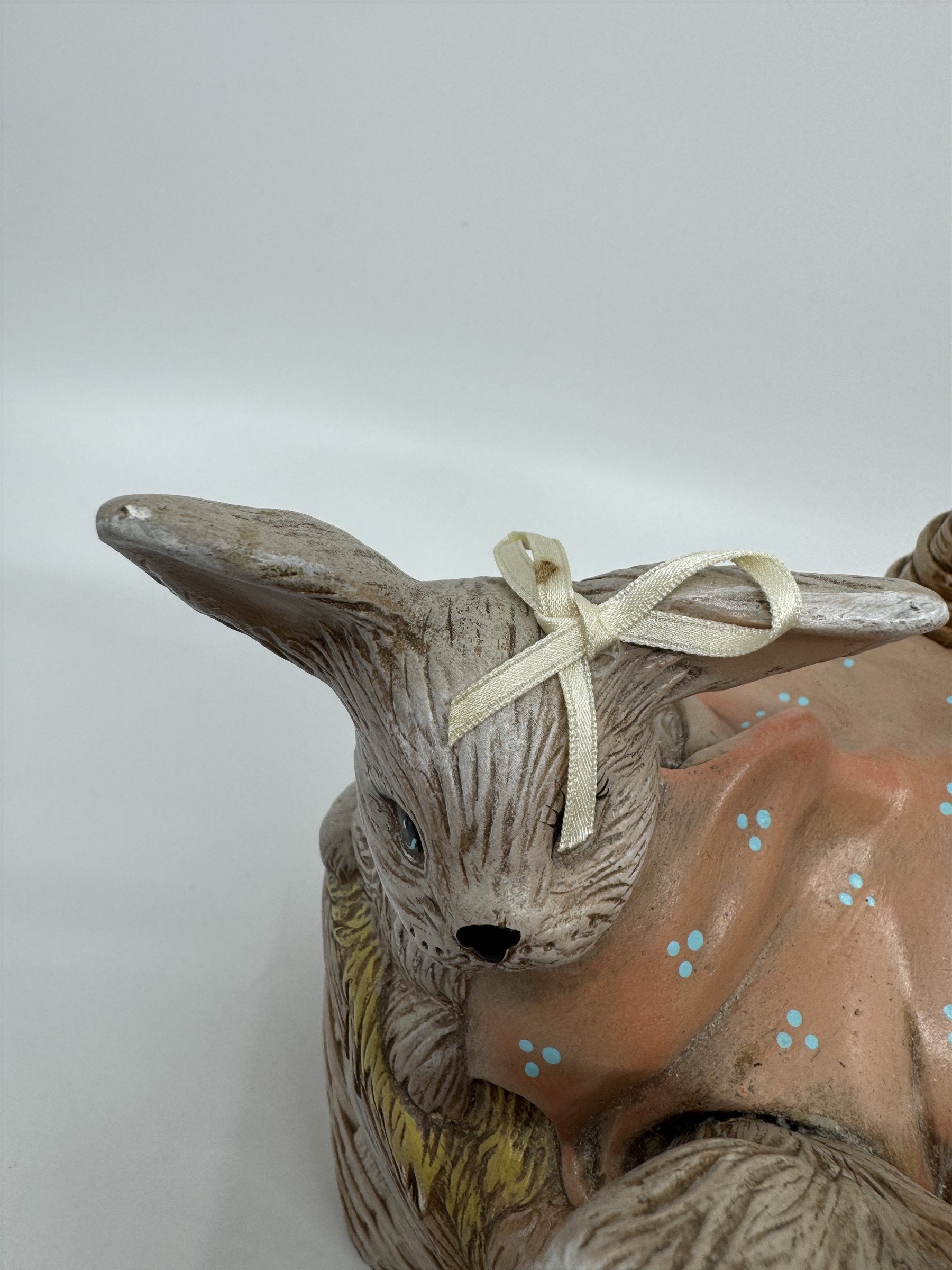 Vintage Ceramic Easter Bunny Weaved Basket Covered Candy Dish /w 5 Babu Bunnies