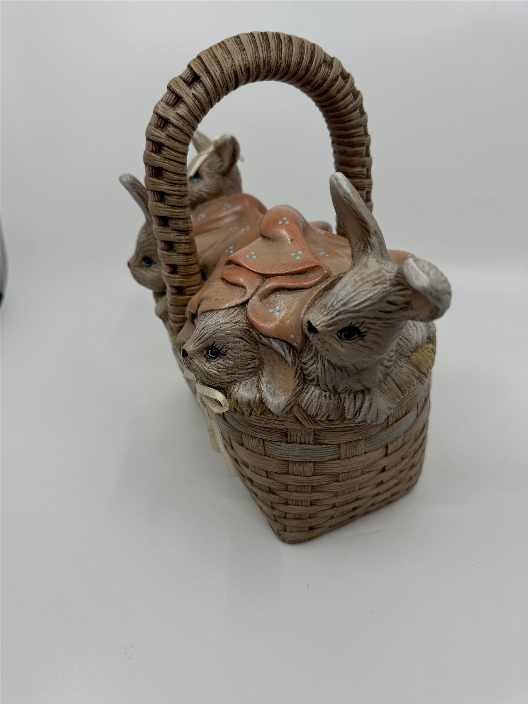 Vintage Ceramic Easter Bunny Weaved Basket Covered Candy Dish /w 5 Babu Bunnies