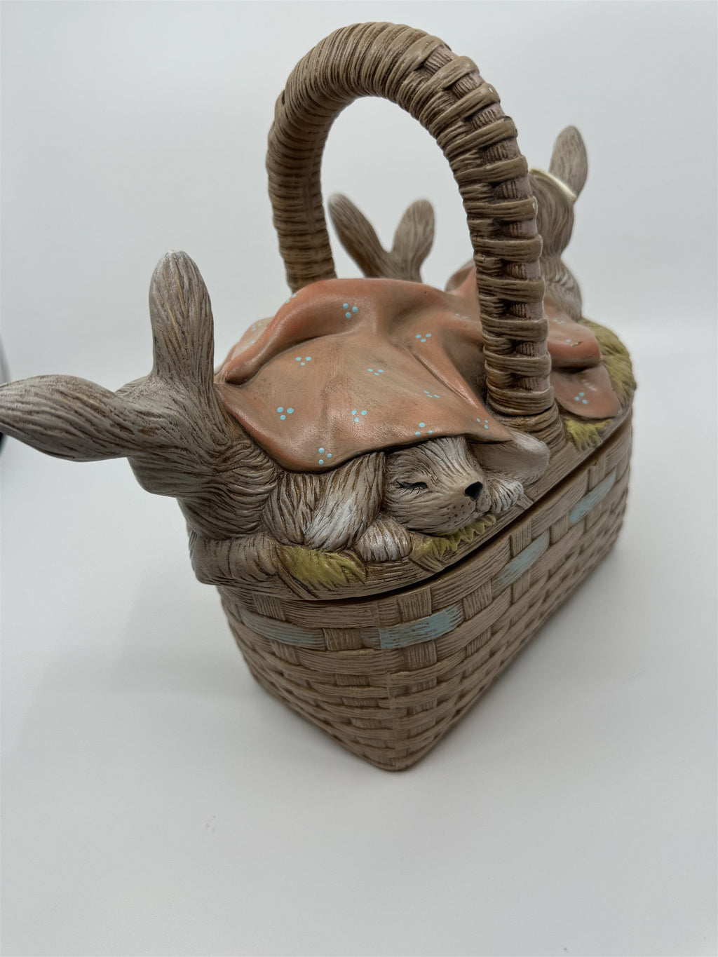 Vintage Ceramic Easter Bunny Weaved Basket Covered Candy Dish /w 5 Babu Bunnies