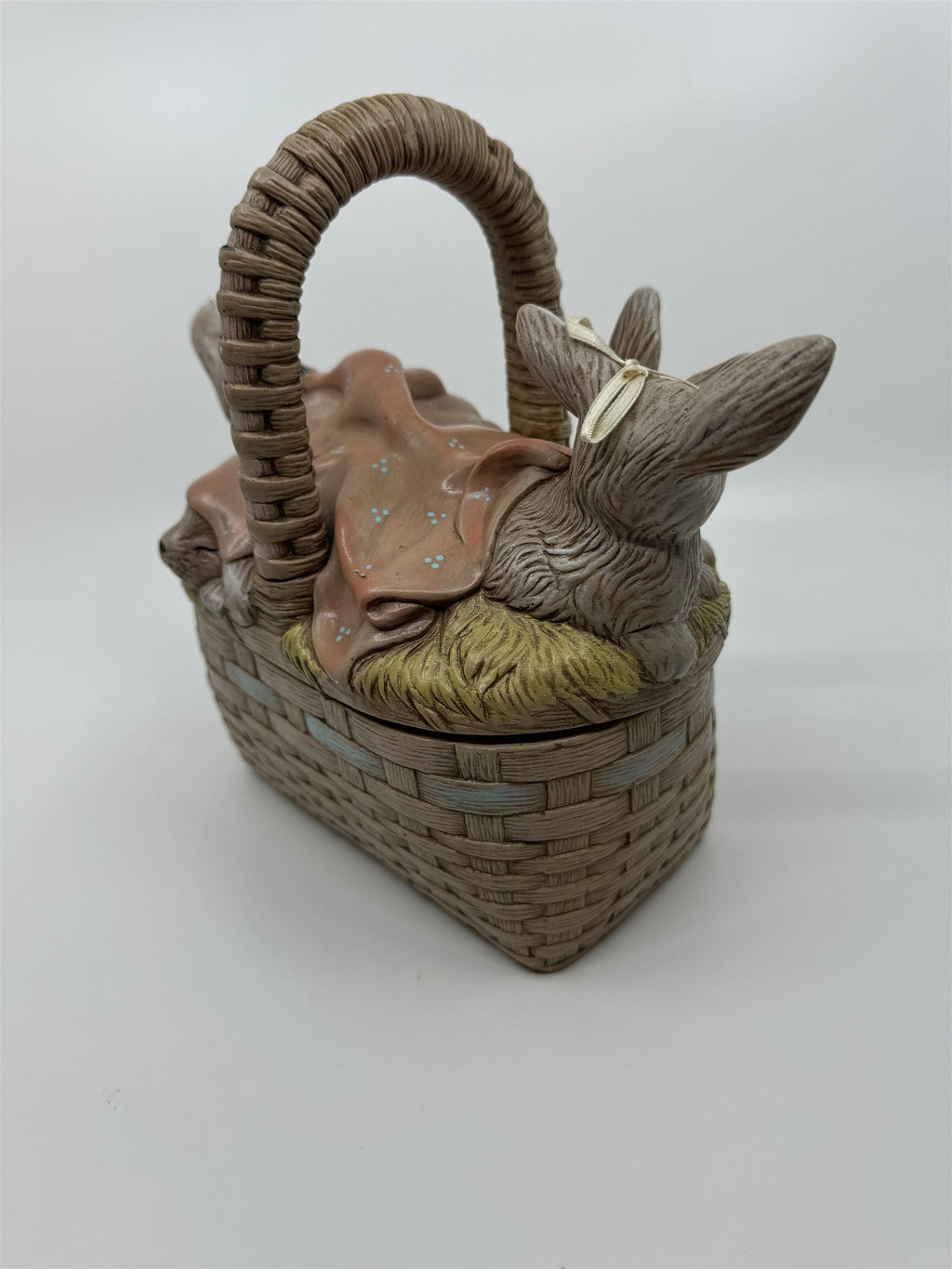Vintage Ceramic Easter Bunny Weaved Basket Covered Candy Dish /w 5 Babu Bunnies