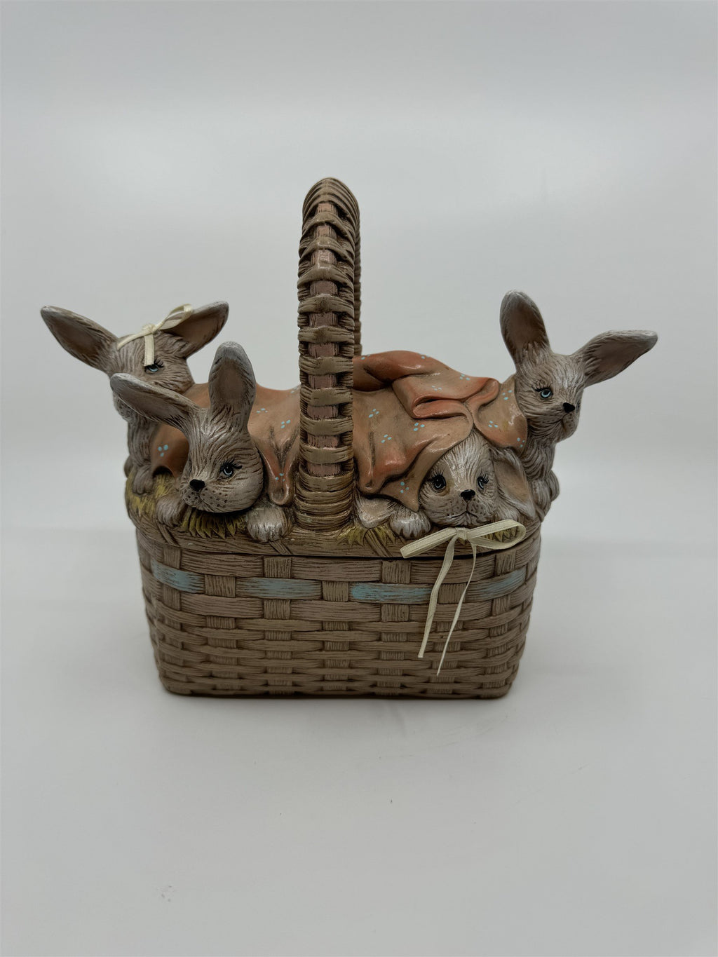 Vintage Ceramic Easter Bunny Weaved Basket Covered Candy Dish /w 5 Babu Bunnies