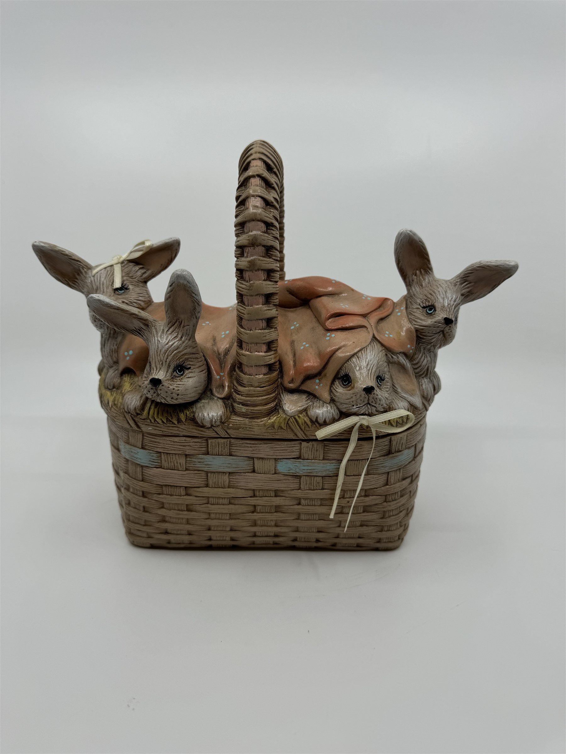 Vintage Ceramic Easter Bunny Weaved Basket Covered Candy Dish /w 5 Babu Bunnies