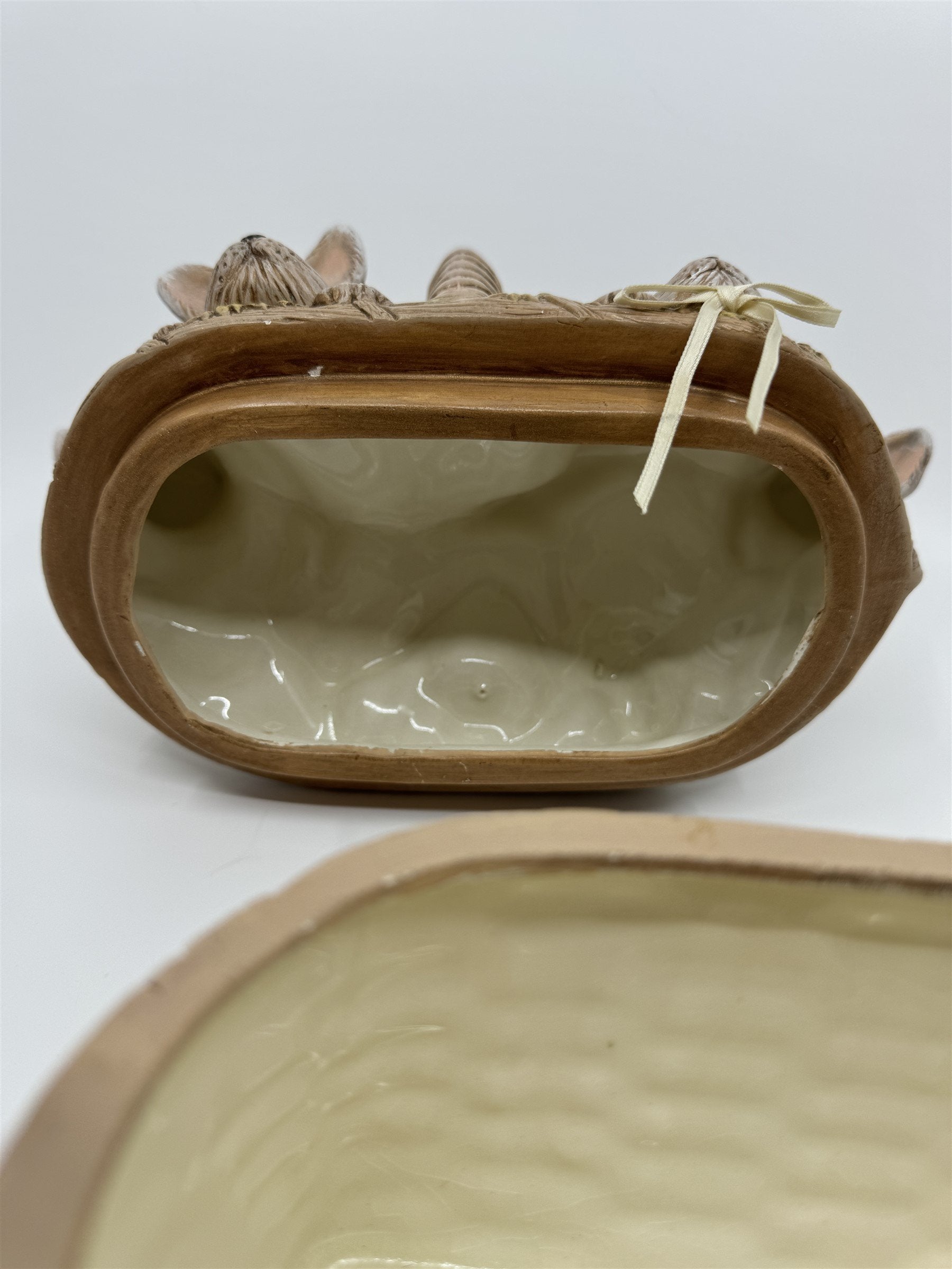 Vintage Ceramic Easter Bunny Weaved Basket Covered Candy Dish /w 5 Babu Bunnies