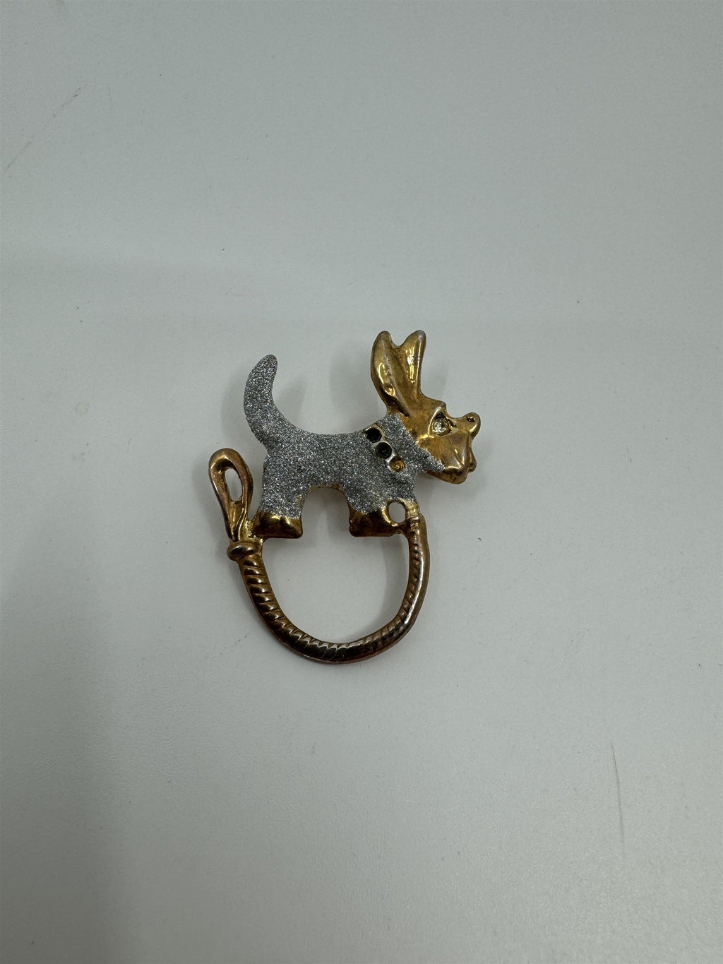 Vintage Scottie Dog /w Leash Brooch Pin Gold-Tone /w Silver and Gems