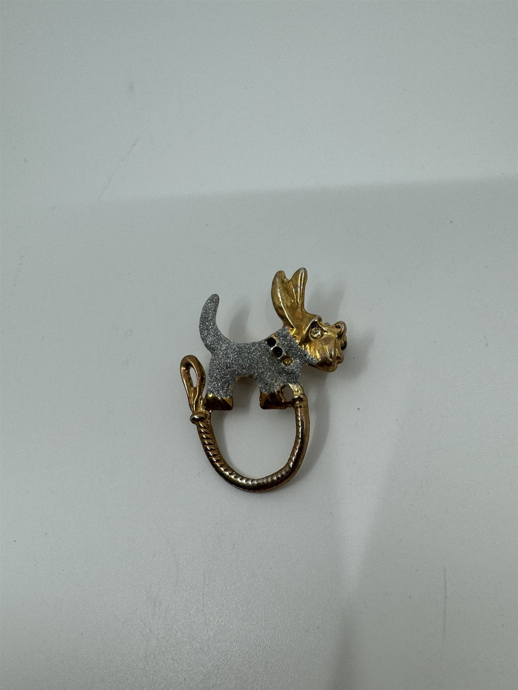 Vintage Scottie Dog /w Leash Brooch Pin Gold-Tone /w Silver and Gems