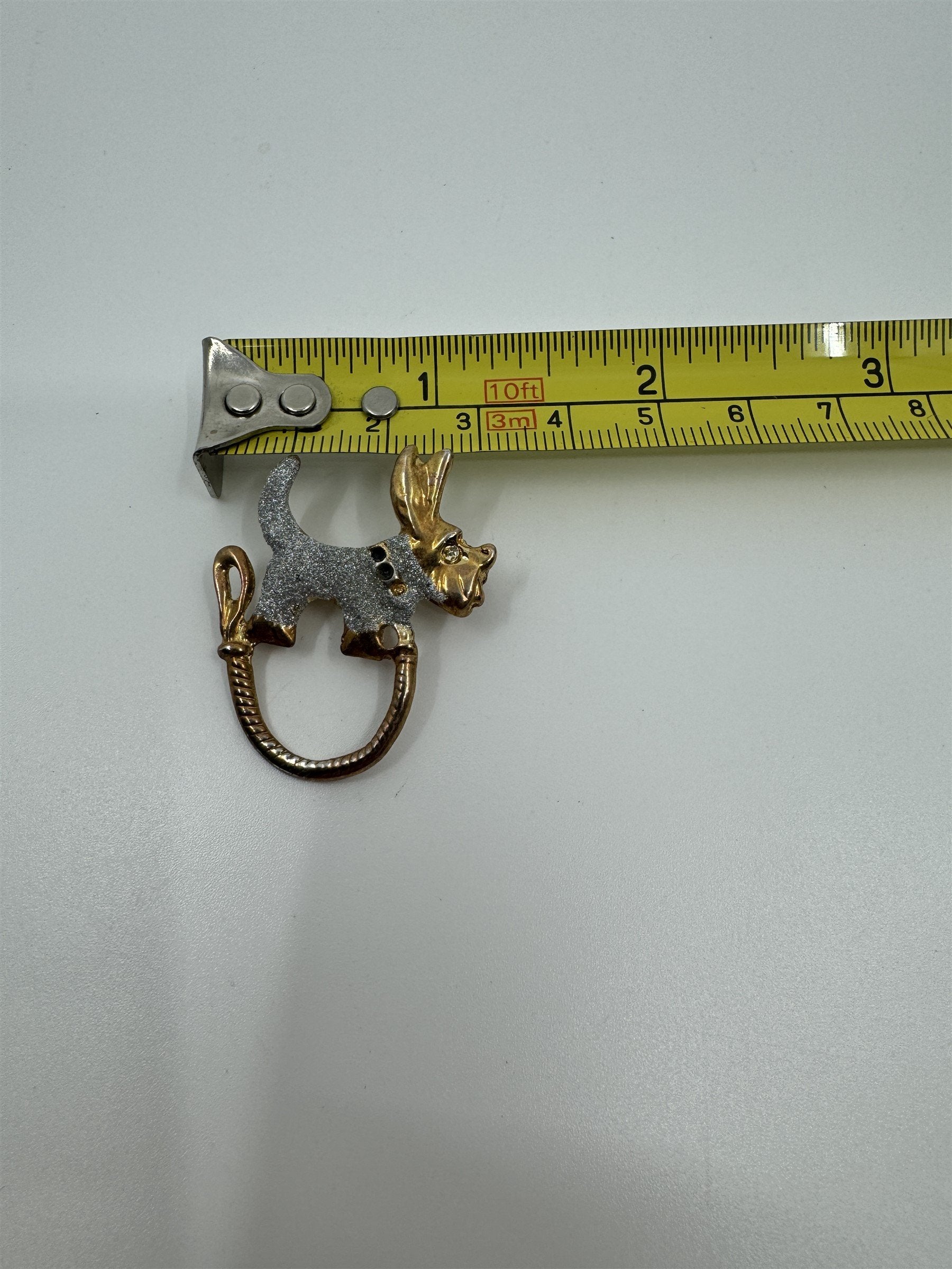 Vintage Scottie Dog /w Leash Brooch Pin Gold-Tone /w Silver and Gems