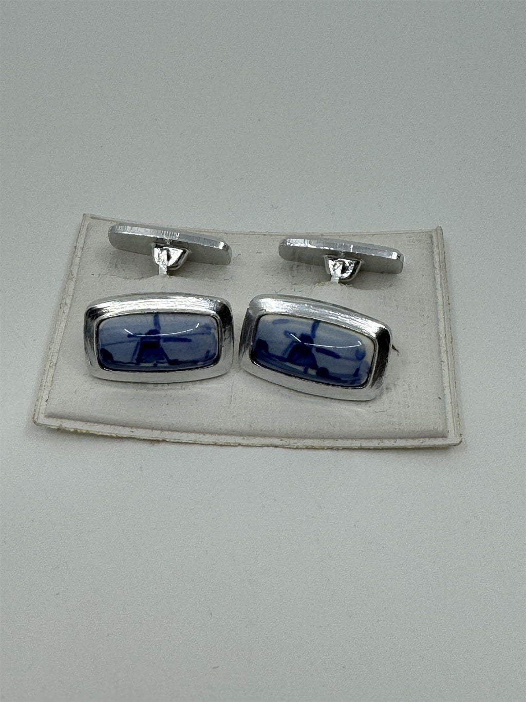 Vintage Windmill Cufflinks /w Photographs of Windmills Blue Tint Metal Rectangle