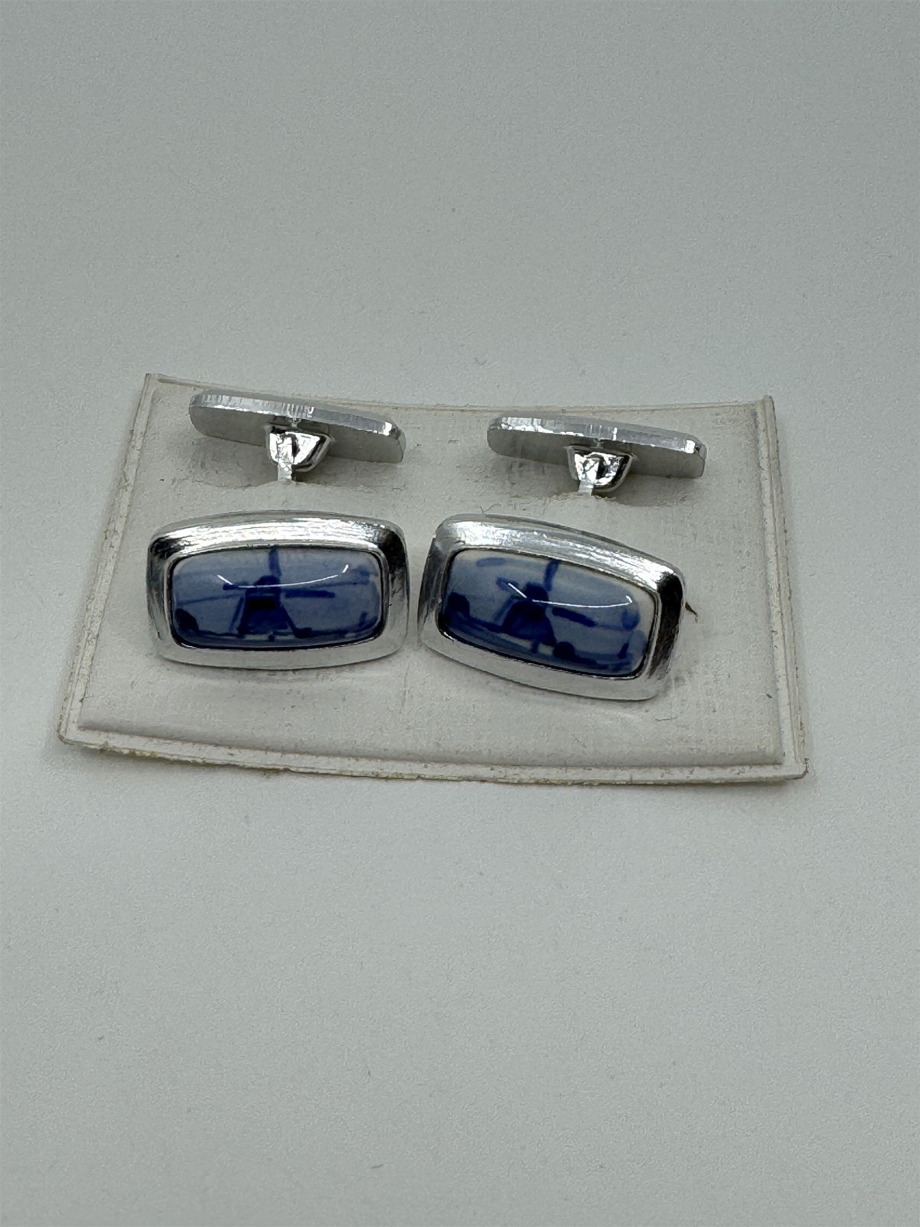 Vintage Windmill Cufflinks /w Photographs of Windmills Blue Tint Metal Rectangle