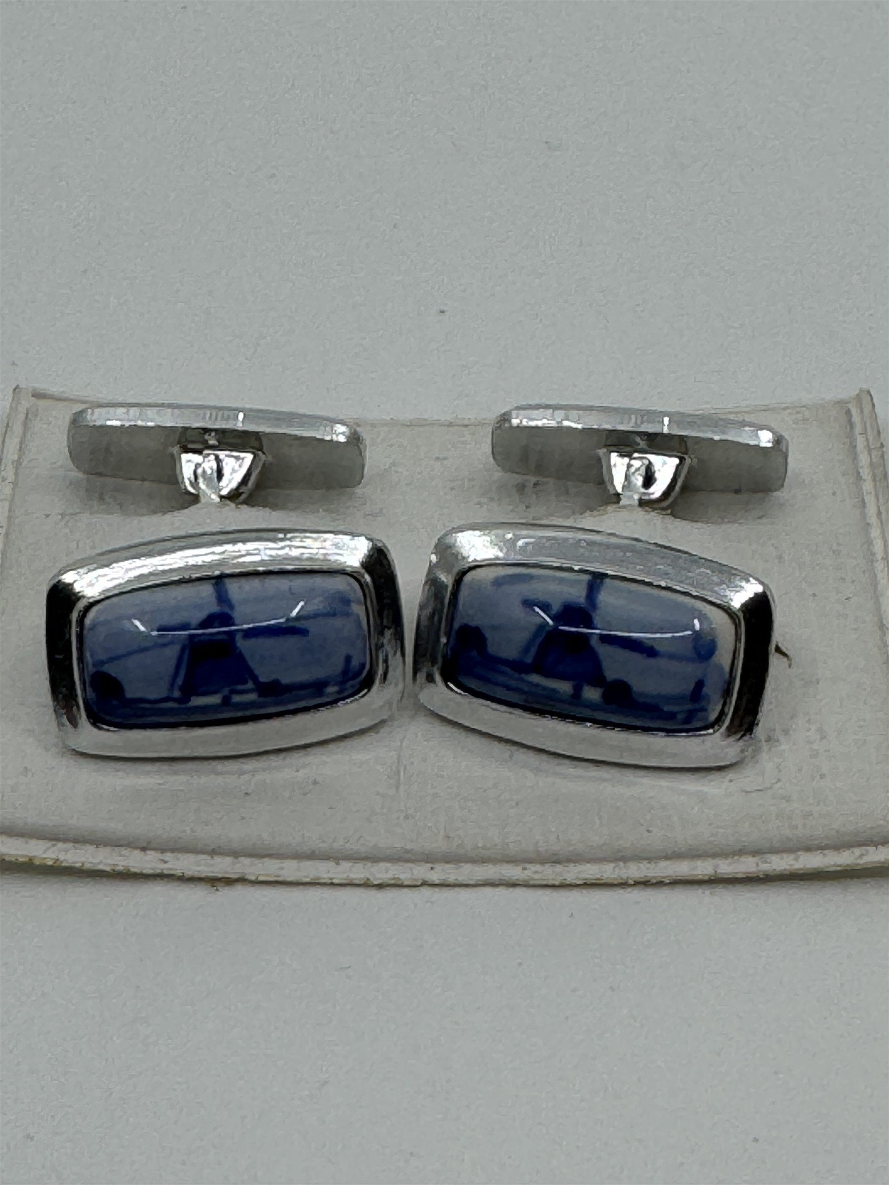 Vintage Windmill Cufflinks /w Photographs of Windmills Blue Tint Metal Rectangle