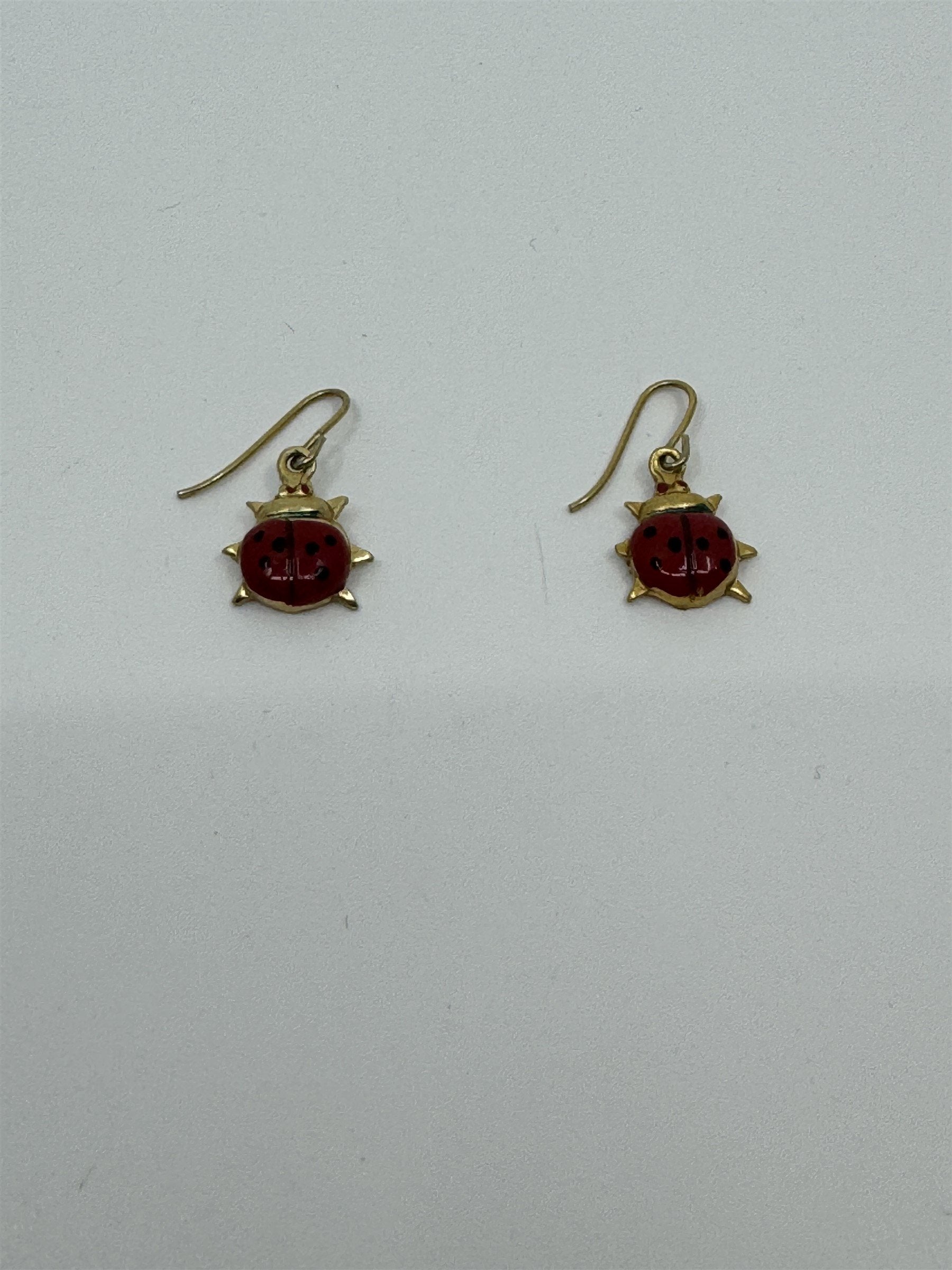 Vintage Spotted Ladybug Earrings Gold Toned Hand Painted Dangle Lady Bugs