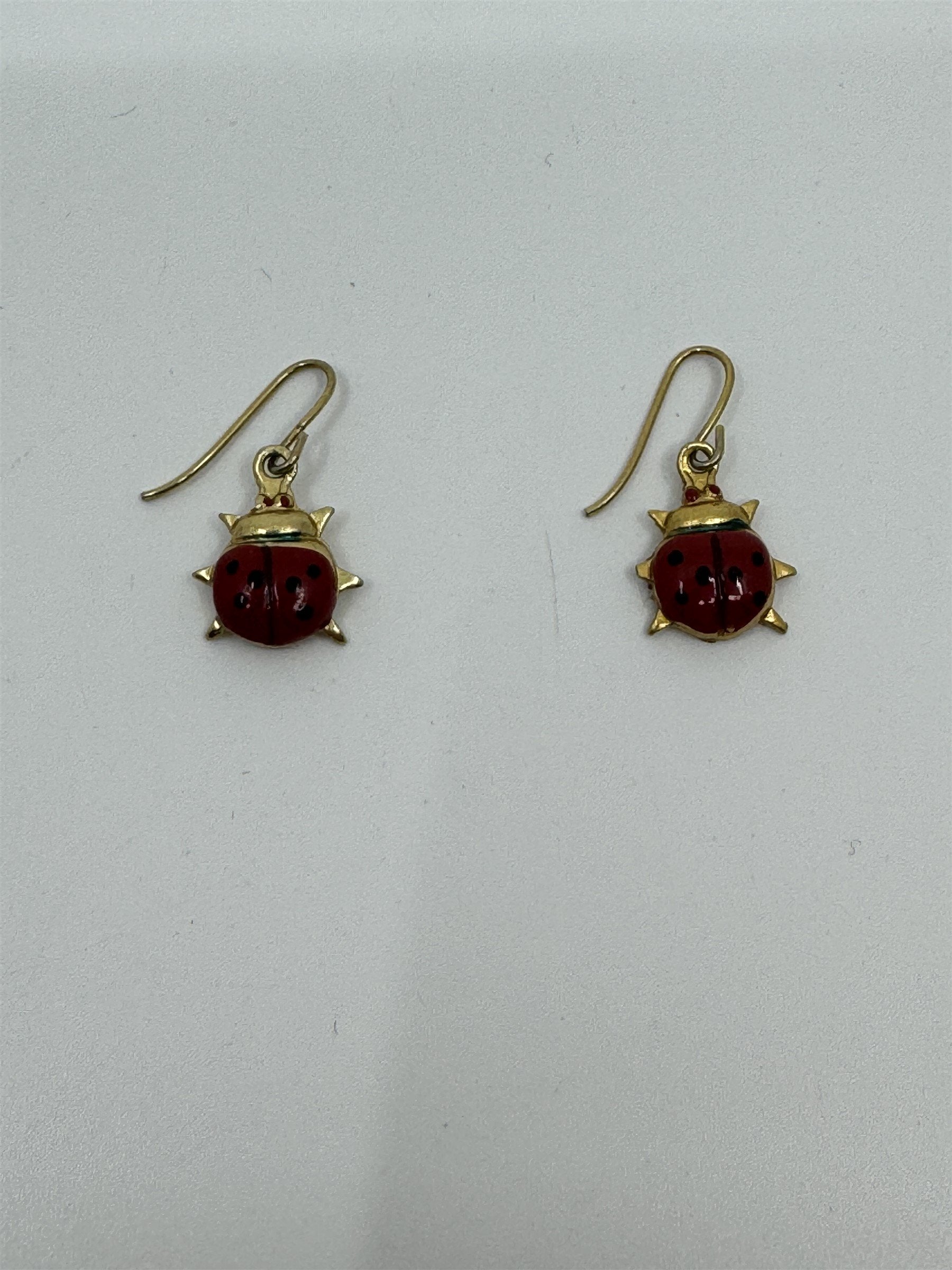 Vintage Spotted Ladybug Earrings Gold Toned Hand Painted Dangle Lady Bugs