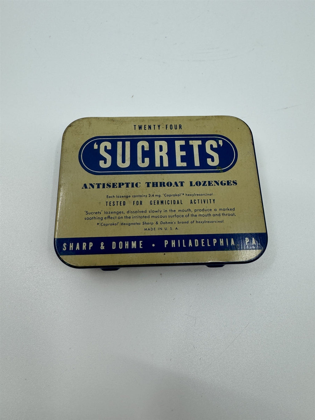 Vintage Sucrets Sharp & Dohme Antiseptic Throat Lozenges Tin Container Philly PA