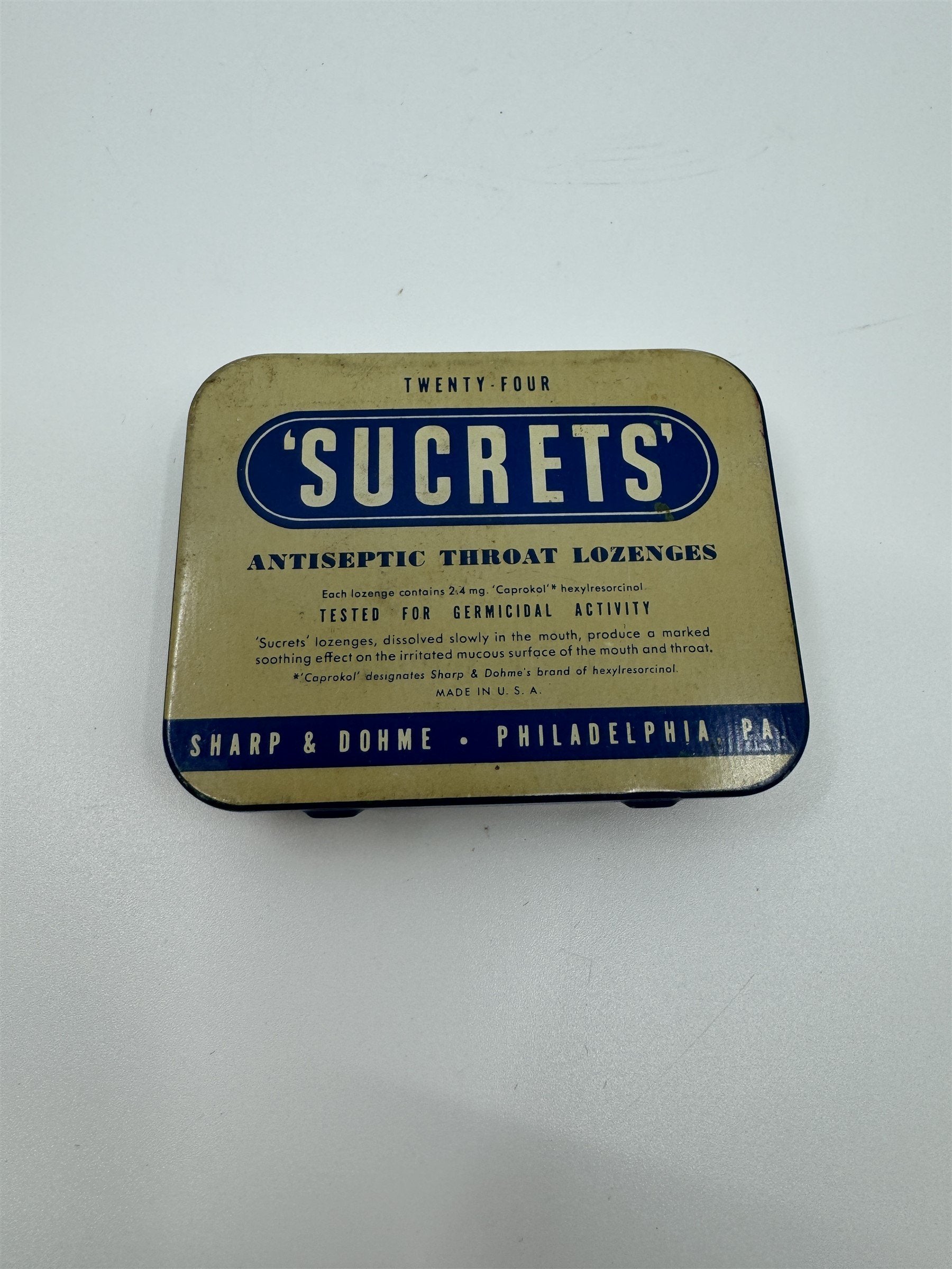 Vintage Sucrets Sharp & Dohme Antiseptic Throat Lozenges Tin Container Philly PA