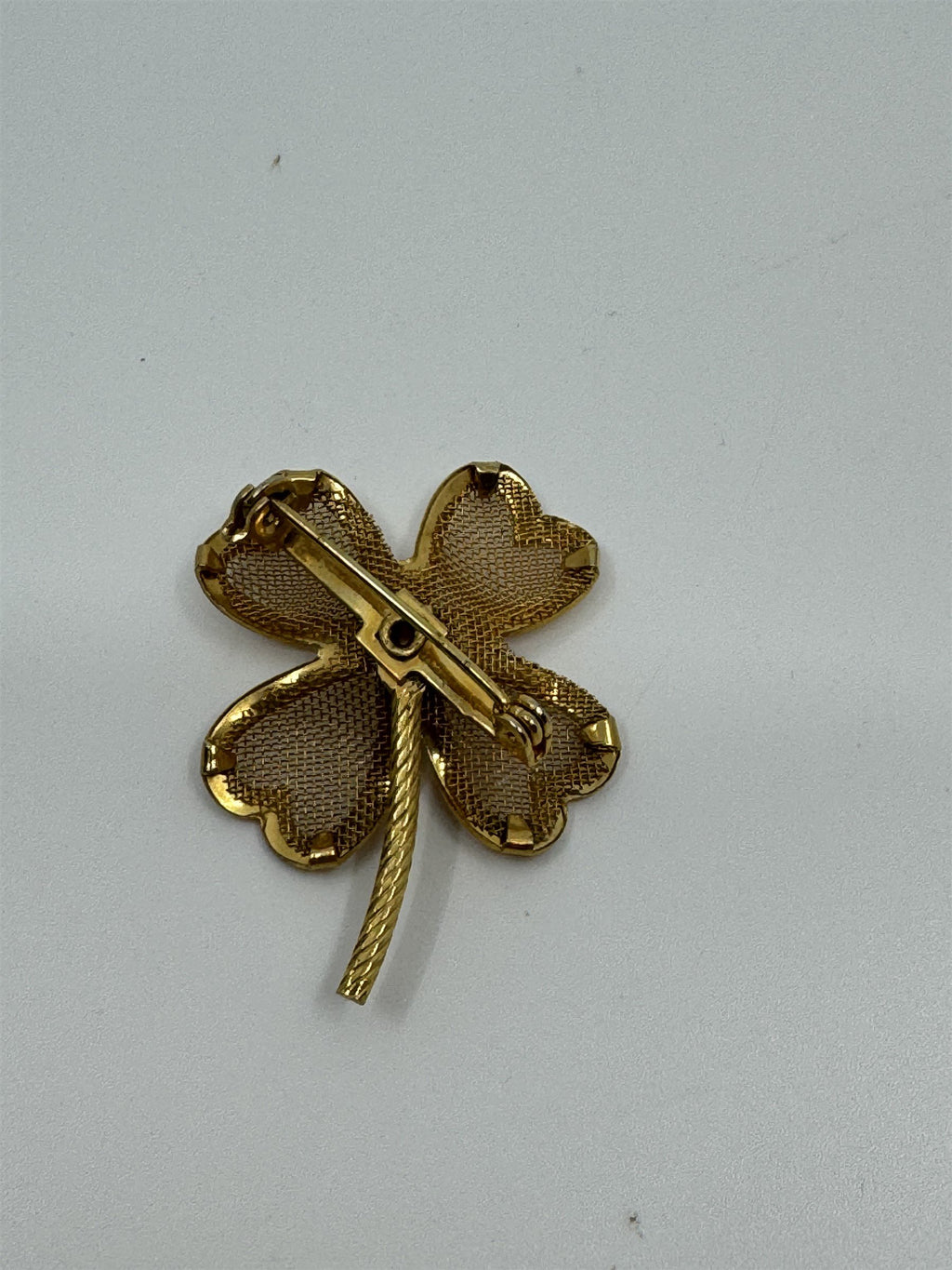 Vintage Four Leaf Clover Metal Brooch /w Faux Pearl Gold Tone Pin Lucky Brooch