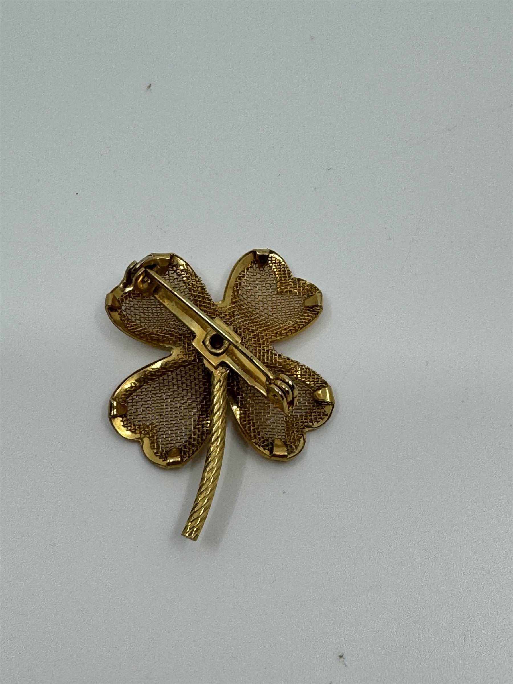 Vintage Four Leaf Clover Metal Brooch /w Faux Pearl Gold Tone Pin Lucky Brooch