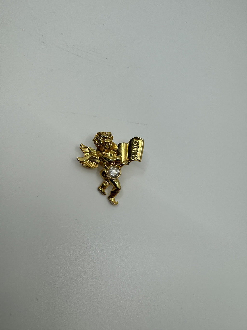 Vintage Sunday Angel Cherub Lapel Pin Gold-Toned Metal by Two Sisters /w Gem