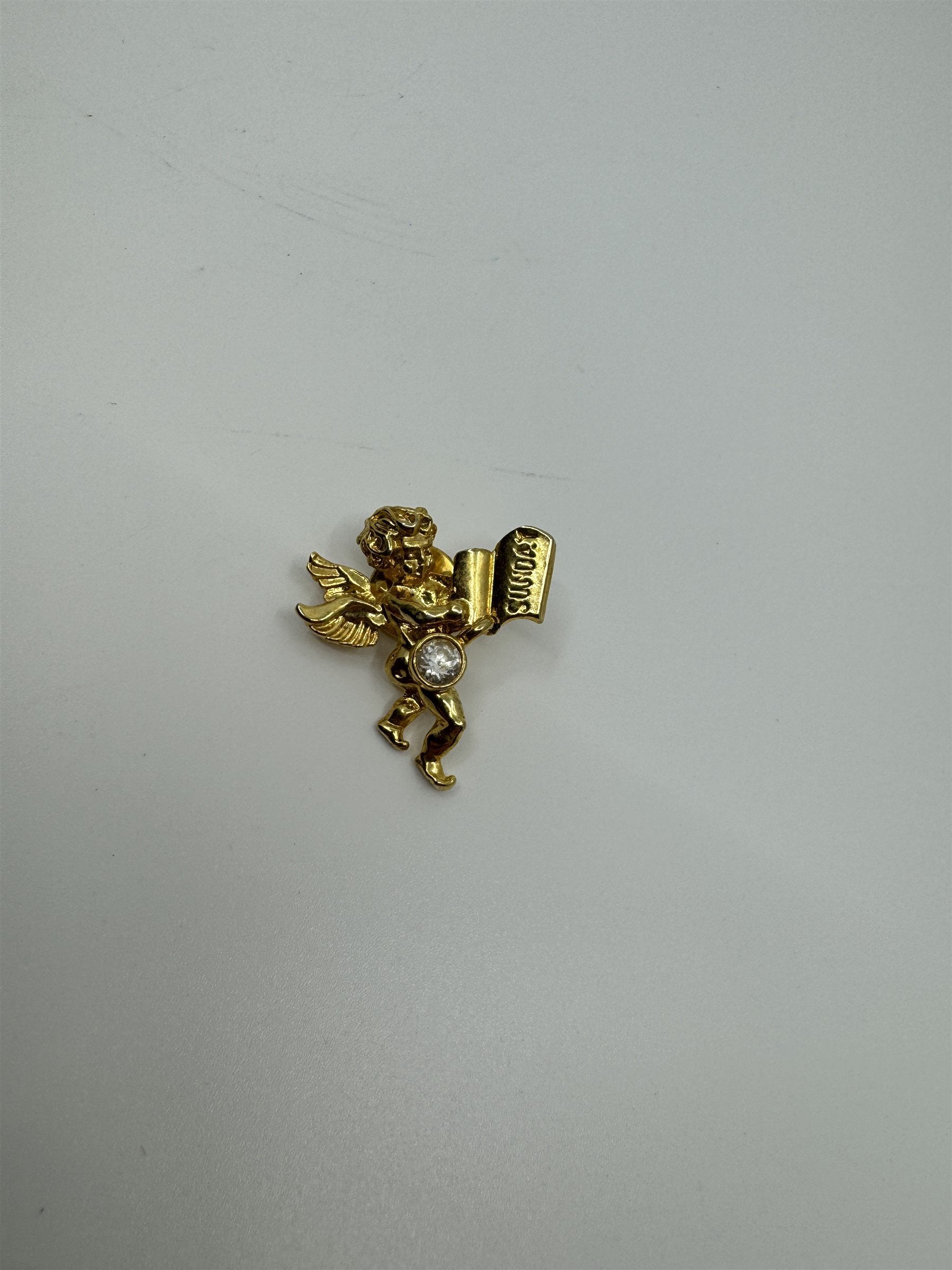 Vintage Sunday Angel Cherub Lapel Pin Gold-Toned Metal by Two Sisters /w Gem