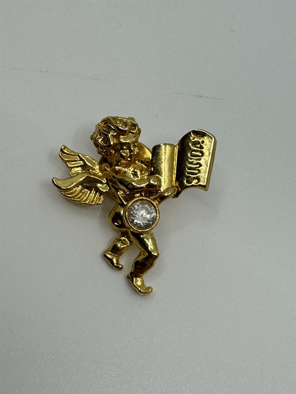 Vintage Sunday Angel Cherub Lapel Pin Gold-Toned Metal by Two Sisters /w Gem