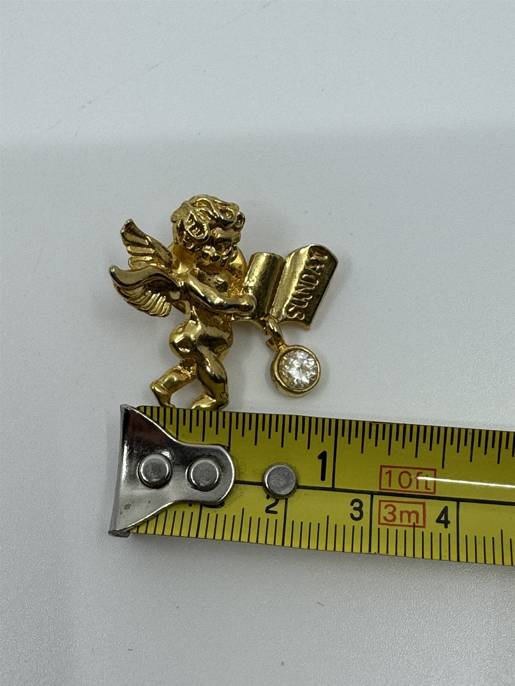 Vintage Sunday Angel Cherub Lapel Pin Gold-Toned Metal by Two Sisters /w Gem