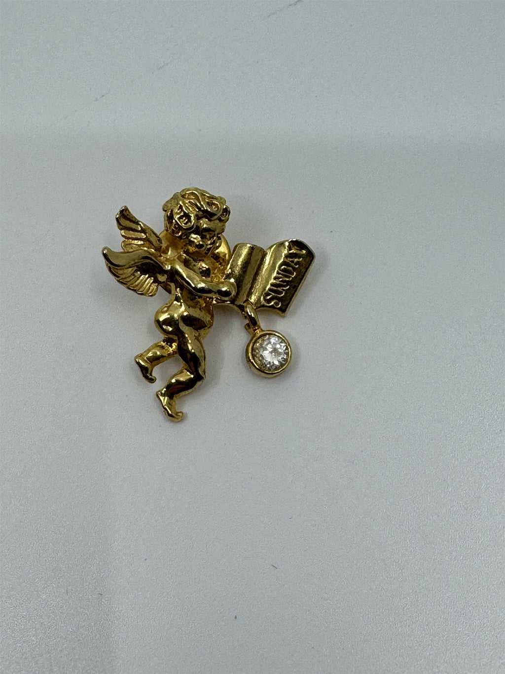 Vintage Sunday Angel Cherub Lapel Pin Gold-Toned Metal by Two Sisters /w Gem