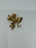 Vintage Sunday Angel Cherub Lapel Pin Gold-Toned Metal by Two Sisters /w Gem
