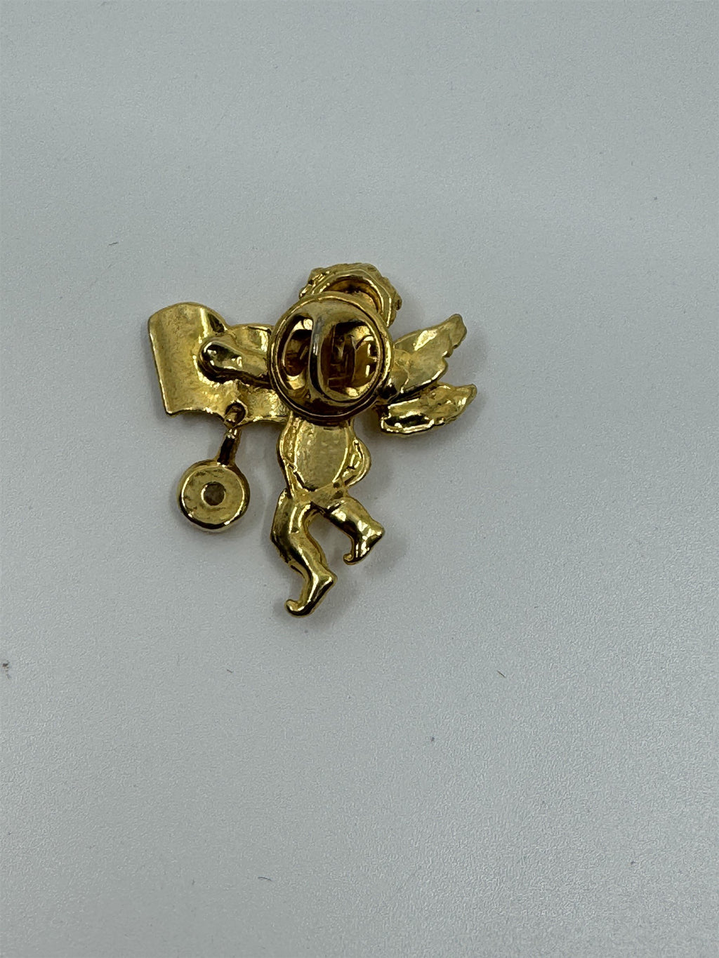 Vintage Sunday Angel Cherub Lapel Pin Gold-Toned Metal by Two Sisters /w Gem