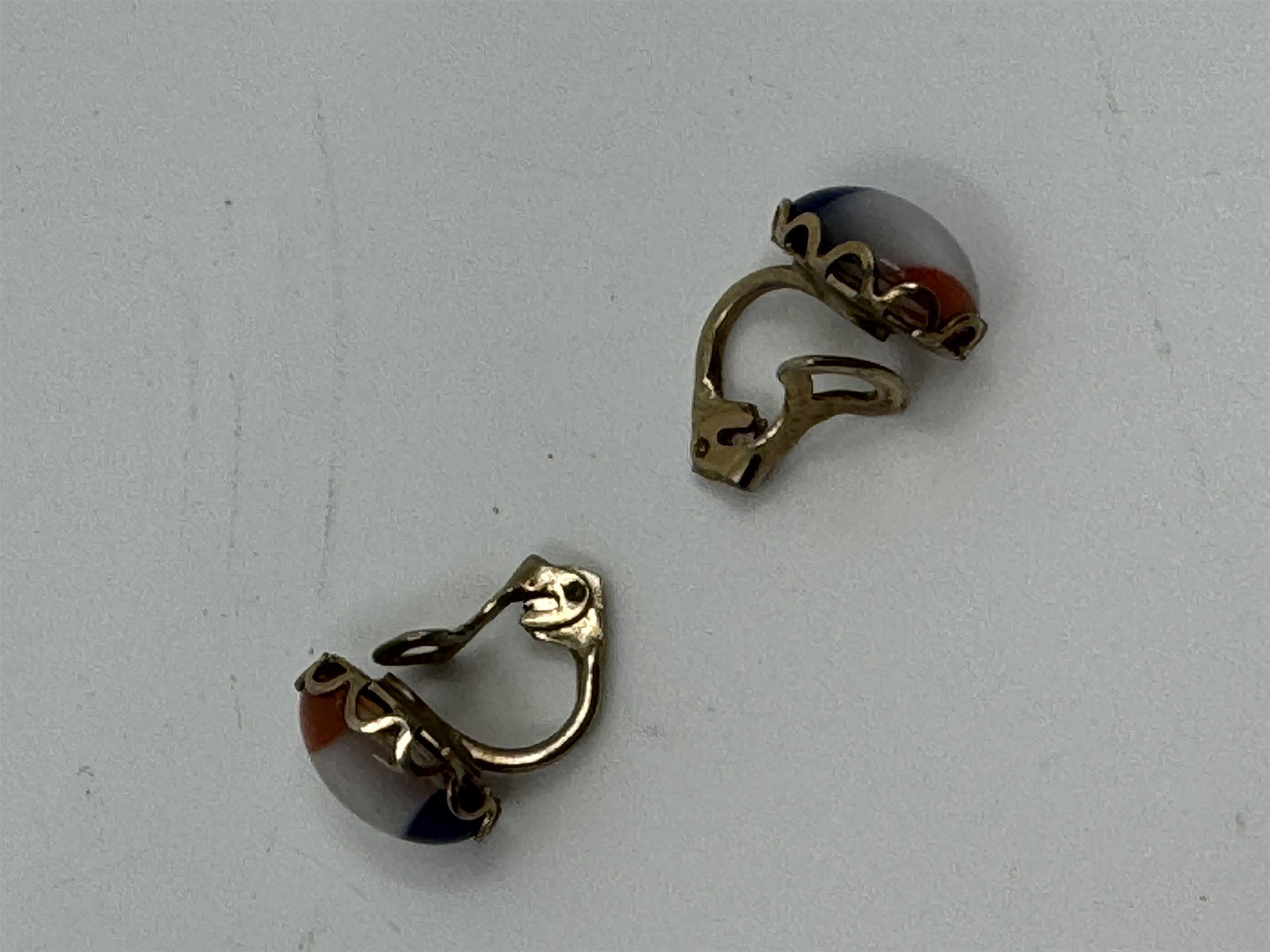 Vintage Orange/White/Blue Striped Gold-Toned Clip on Earrings Costume Jewelry