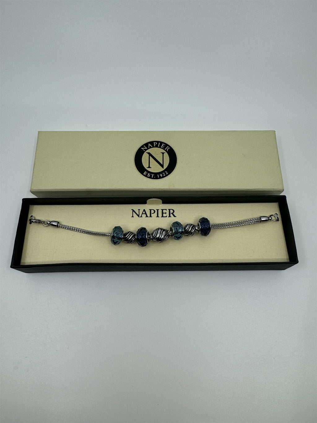 Vintage Napier Blue Aqua Faceted Bead Silver-Tone 8" Charm Bracelet NIB NOS