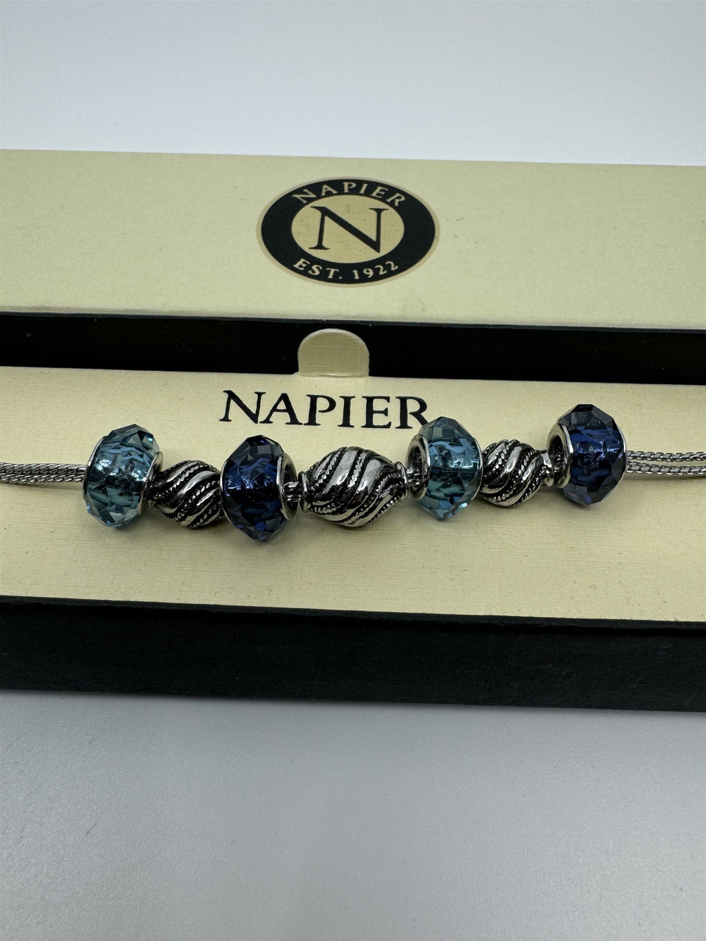 Vintage Napier Blue Aqua Faceted Bead Silver-Tone 8" Charm Bracelet NIB NOS